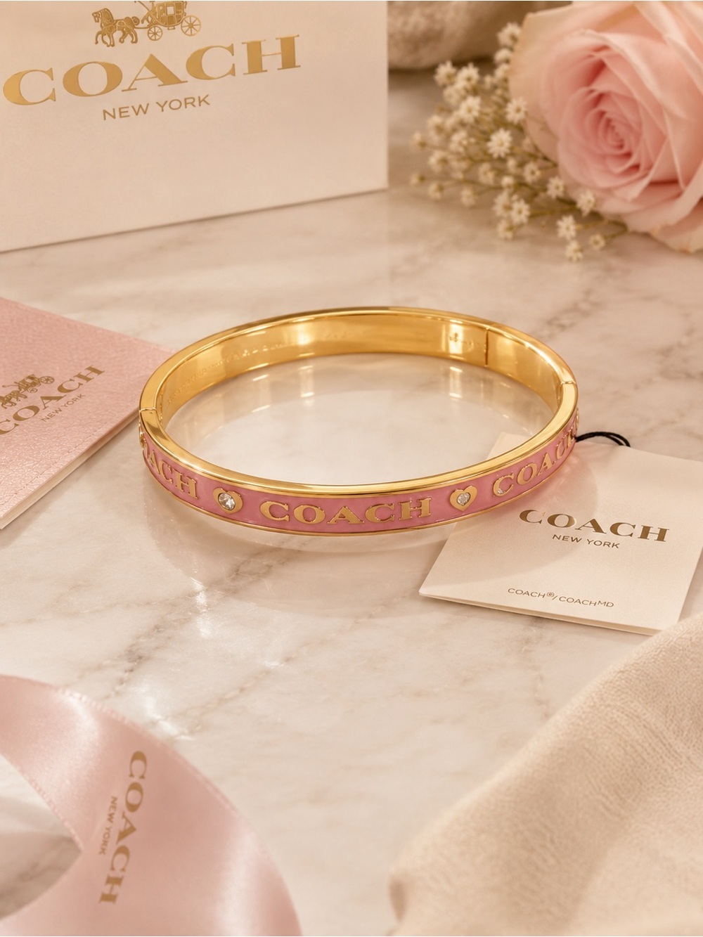 💖✨ NWT Coach Pink Enamel Bangle Bracelet | Gold Tone with Crystal Accents ✨💖